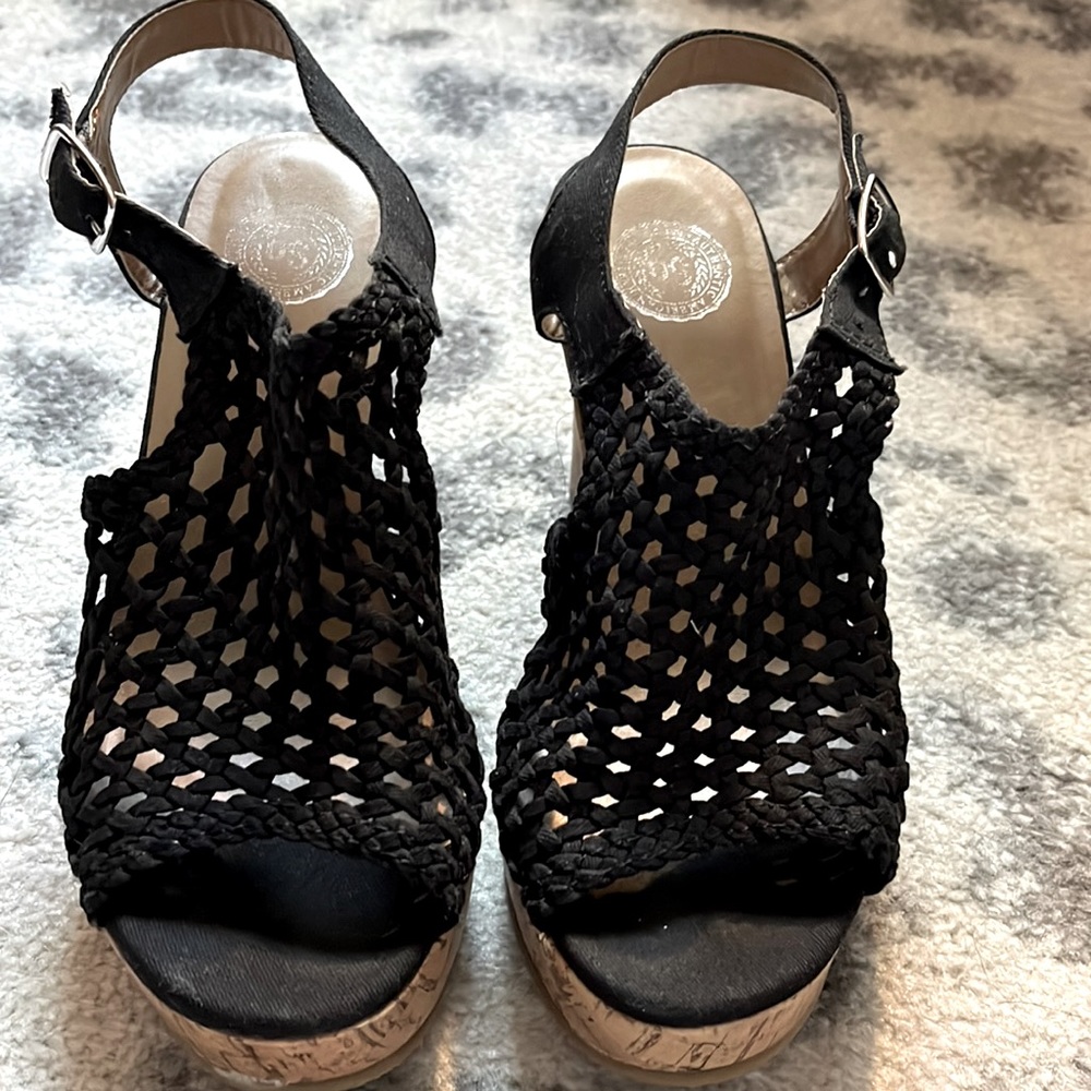 SO Wedge Crochet Cork Heel Black Sandal sz 7M